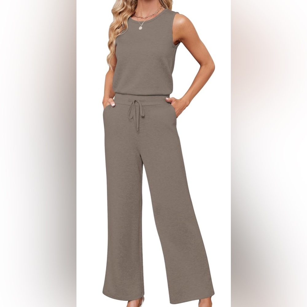 Casual Wide Leg Long Pants Jumpsuit Sleeveless Belted Romper with Pockets